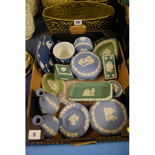 9 - 20 VARIOUS PIECES OF WEDGWOOD BLUE & GREEN JASPERWARE INCLUDING PAIR OF LONG NECK BOTTLE VASES