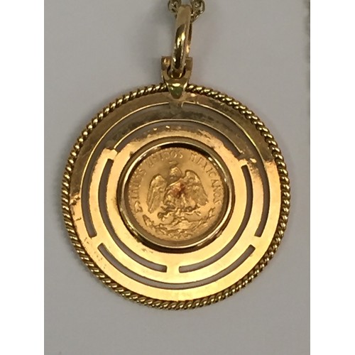 352 - 1945 MEXICAN GOLD DOS PESOS COIN SET IN 9ct GOLD MOUNT & CHAIN NECKLACE (9.5gm)