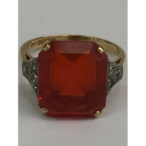 353 - 18ct GOLD 1960s FIRE OPAL & 6 SMALL DIAMOND DRESS RING (6.8ct) SIZE Q