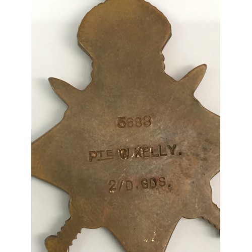 368 - 1914-18 MONS STAR MEDAL AWARDED TO PRIVATE W KELLY 2ND D GUARDS