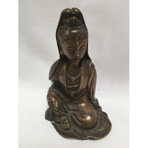 339 - SMALL BRONZE CHINESE FIGURE OF SEATED BUDDHA (SOME DAMAGE TO BACK) (10CM)