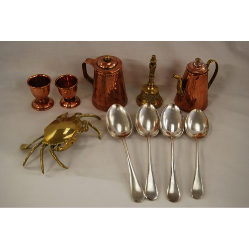 66 - 2 SMALL COPPER & BRASS TEAPOT & JUG, 2 EGG CUPS, BRASS CRAB, BELL & SILVER PLATED SPOONS