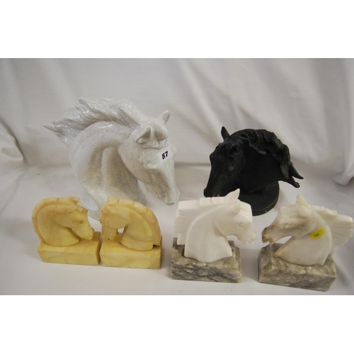 87 - 2 PAIRS OF ONYX HORSE HEAD BOOKENDS, CERAMIC HORSE HEAD & ONE OTHER