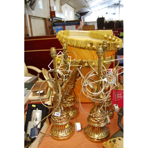 103 - SET OF 4 BRASS EAGLE TABLE LAMPS WITH WINGS OUTSPREAD STANDING ON ROCKY BASE WITH SHADES (40cm TO TI... 