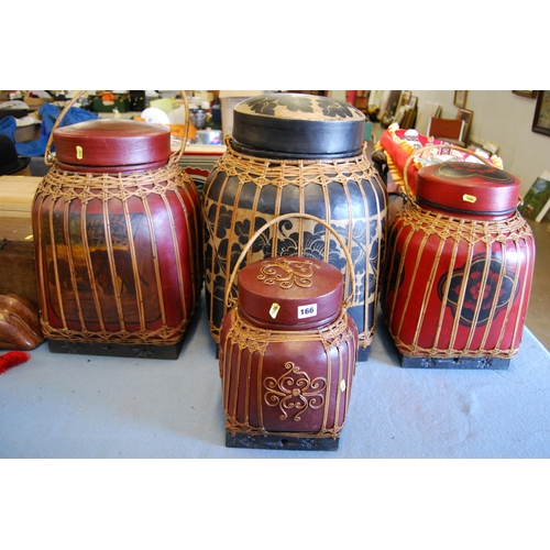 166 - 4 GRADUATED & PAINTED BAMBOO STORAGE/SPICE JARS DECORATED ELEPHANTS & FLOWERS WITH CANE HANDLES