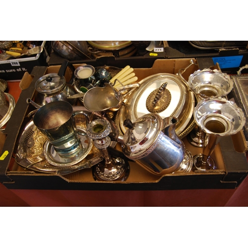 270 - QUANTITY OF SILVER PLATED WARE INCLUDING TUREEN, PAIR OF TRUMPET SHAPED VASES, BASKET, ETC