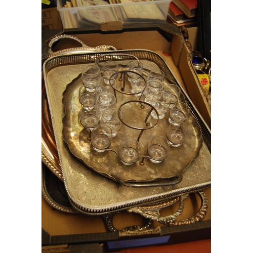 273 - TWO 19TH CENTURY SHEFFIELD PLATED BUTLERS TRAYS WITH GADROONED RIM, 1 BUTLERS TRAY WITH PIERCED GALL... 