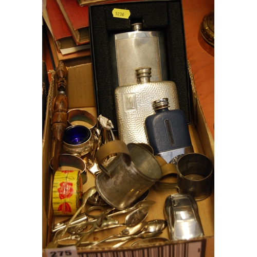 275 - QUANTITY OF MISCELLANEOUS WARE INCLUDING 3 HIP FLASKS, TIN MEASURES, CUTLERY, ETC