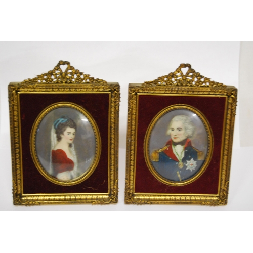 404 - PAIR OF OVAL PORTRAITS OF LORD NELSON & LADY HAMILTON IN ORNATE ORMULU EASEL FRAMES