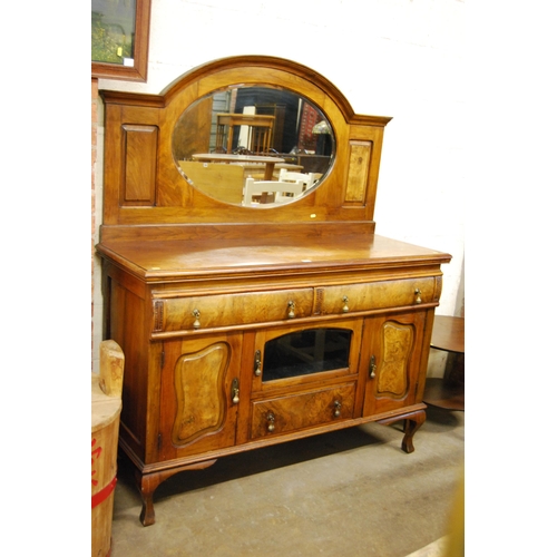 466 - ART NOUVEAU WALNUT MIRROR BACK SIDEBOARD FITTED 3 DRAWERS, CENTRE DISPLAY CUPBOARD & SIDE CUPBOARDS ... 