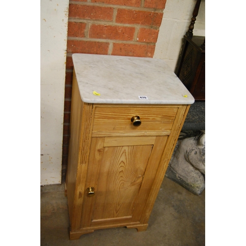 470 - 19TH CENTURY PINE BEDSIDE CUPBOARD FITTED DRAWER WITH MARBLE TOP