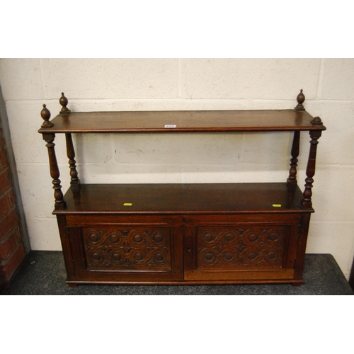 472 - 19TH CENTURY CARVED OAK WALL CUPBOARD WITH SHELF OVER