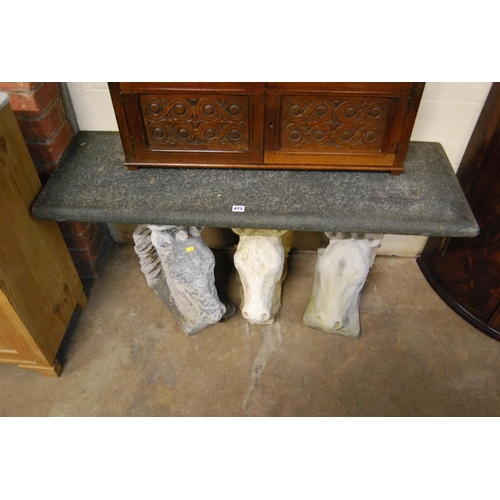 473 - RECTANGULAR GRANITE GARDEN BENCH ON 3 HORSE HEAD SUPPORTS