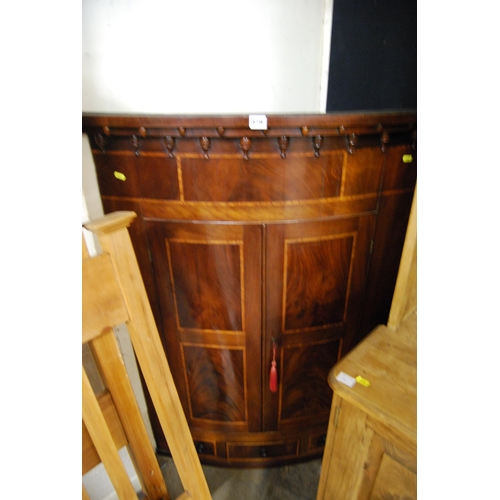 476 - REGENCY INLAID MAHOGANY BOW FRONTED CORNER CUPBOARD FITTED 3 SHELVES & 3 SPICE DRAWERS