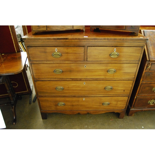 597 - REGENCY MAHOGANY CHEST OF 5 DRAWERS, DROP BRASS HANDLES, OVAL ESCUTCHEONS, ON BRACKET FEET 109CM WID... 