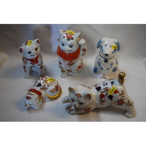 72 - RYE POTTERY 2001 DOG & 4 CERAMIC CATS