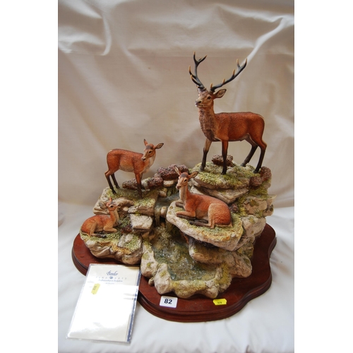 82 - BORDER FINE ARTS SCULPTURE OF STAG AND DEER ON ROCKY OUTCROPS ON WOOD BASE