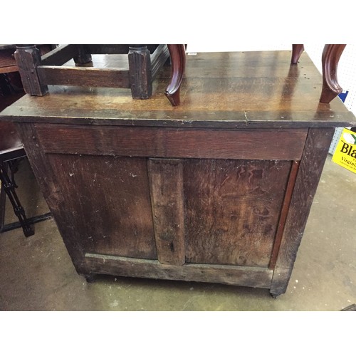 606 - 17TH CENTURY OAK CHEST OF 3 DRAWERS, BRASS PEAR DROP HANDLES, ON TURNED SUPPORTS, INITIALLED N H 166... 