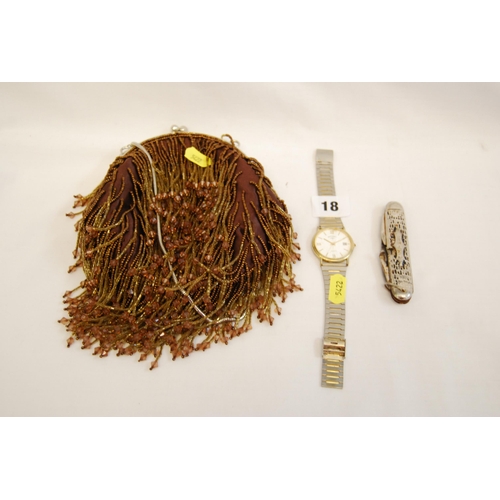 18 - LADIES AMBER BEAD EVENING PURSE, CAMP KNIFE & ROTARY WATCH