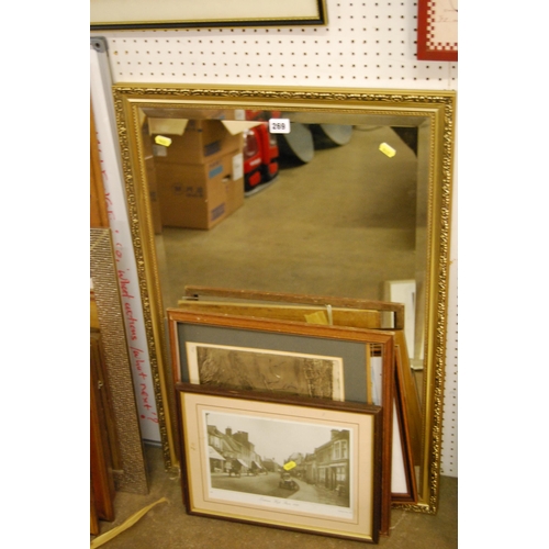 269 - BEVELLED WALL MIRROR IN GILT FRAME & PICTURES