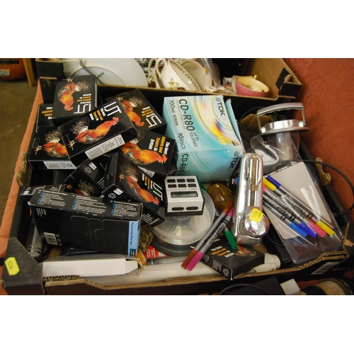 47 - BOX OF MISCELLANEOUS ITEMS INCLUDING IJT INKJETS & TONERS, CD-R80 DISCS, TORCH, STAPLER, ETC