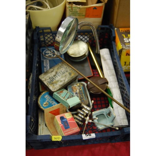 56 - ANGLE POISE MAGNIFYING GLASS, TIN WHISTLE, STIRRUP CUPS, TINS, ETC