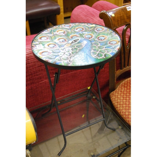 627 - CIRCULAR FOLDING TABLE WITH PEACOCK TOP