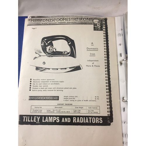 35 - FOLDER OF PHOTOCOPIED TILLEY LAMP CATALOGUES, ETC.