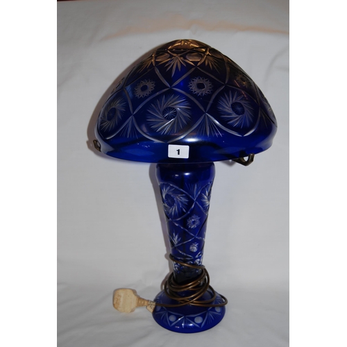 1 - BRISTOL BLUE CUT GLASS TABLE LAMP & SHADE (56cm)