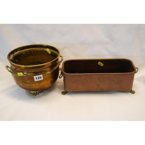 125 - CIRCULAR BRASS 2 HANDLED JARDINIERE & RECTANGULAR COPPER 2 HANDLED PLANTER