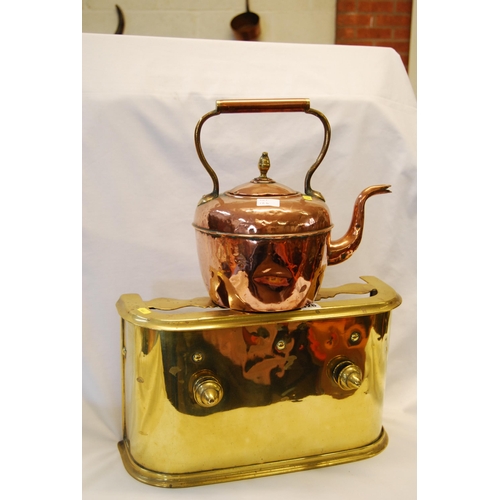 126 - 19TH CENTURY COPPER KETTLE WITH ACORN FINIAL LID & 19TH CENTURY BRASS TRIVET/FIRE FRONT