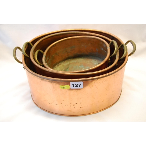 127 - 3 COPPER PLANTERS WITH BRASS HANDLES