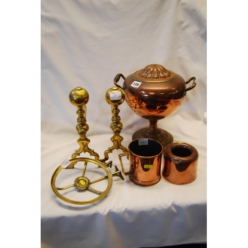 128 - 19TH CENTURY COPPER JELLY MOULD, COPPER TANKARD, PAIR OF BRASS FIRE DOGS, 19TH CENTURY CIRCULAR BRAS... 