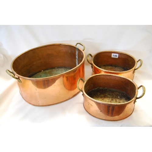 146 - 3 OVAL COPPER PLANTERS WITH BRASS HANDLES