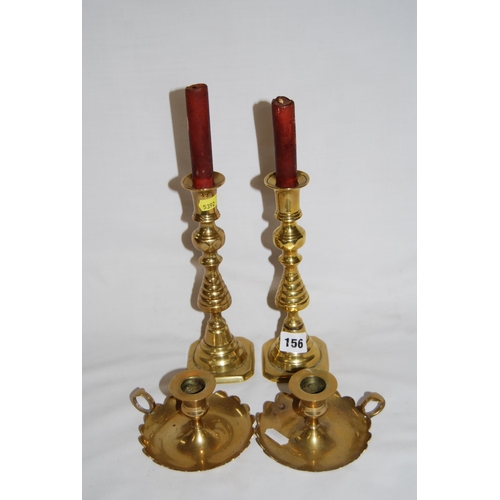 156 - PAIR OF 19TH CENTURY BRASS CANDLESTICKS & PAIR OF BRASS CHAMBERSTICKS