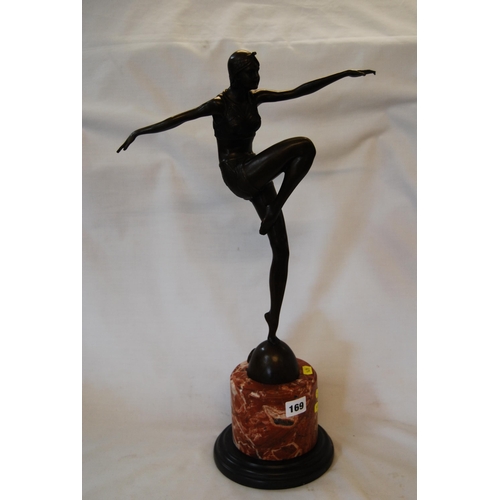 169 - ART NOUVEAU STYLE BRONZE FIGURE OF LADY DANCER ON MARBLE PLINTH (55cm)