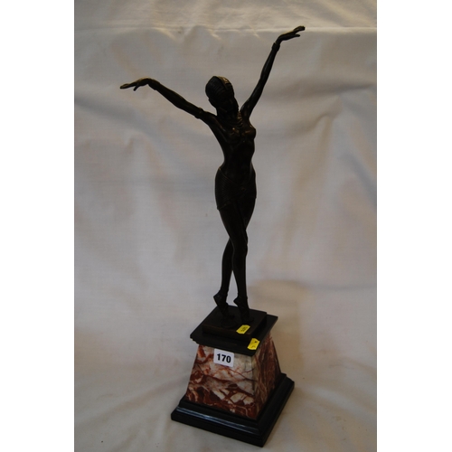 170 - ART NOUVEAU STYLE BRONZE FIGURE OF LADY DANCER ON MARBLE PLINTH (56cm)