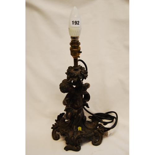 192 - 19TH CENTURY BRONZE CANDLESTICK OF CHERUB DRINKING WINE, FLORAL BASKET SCONCE, ON SCROLL & ACANTHUS ... 