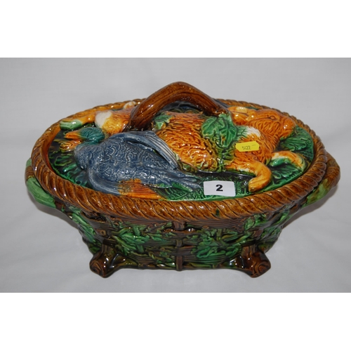 2 - OVAL MAJOLICA GAME PIE DISH WITH BASKET WORK & LEAF DECORATION, THE LID EMBOSSED WITH HARE & DUCK, B... 