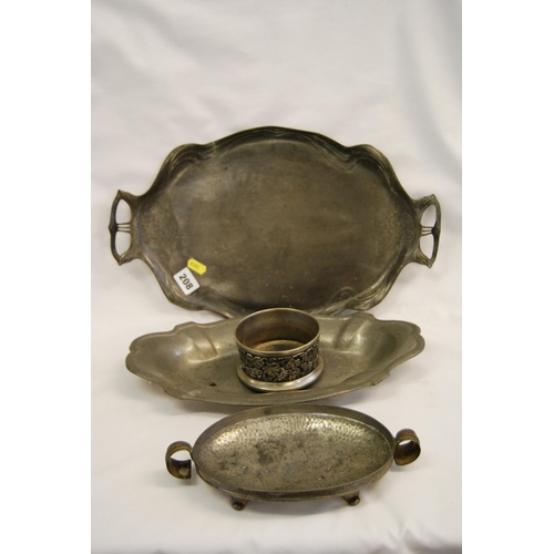 208 - ART NOUVEAU PEWTER TRAY, 2 OTHERS & COASTER