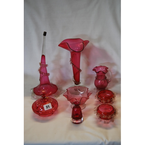 21 - 8 PIECES OF 19TH CENTURY CRANBERRY GLASS INCLUDING TRUMPET VASE, EPERGNE BRANCH, CREAM JUG, PAIR OF ... 