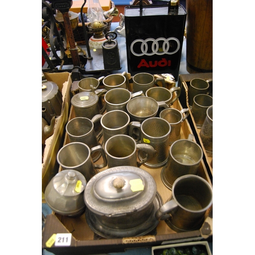 211 - 15 VARIOUS PEWTER TANKARDS, BISCUIT BARREL (A/F), ETC