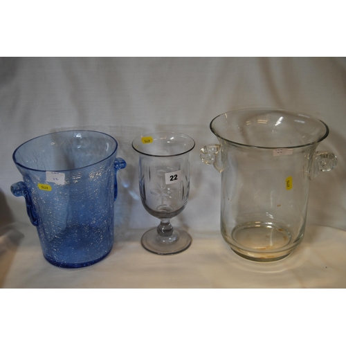 22 - CUT GLASS CELERY VASE, CLEAR GLASS ICE BUCKET & BLUE CRACKLEWARE ICE BUCKET