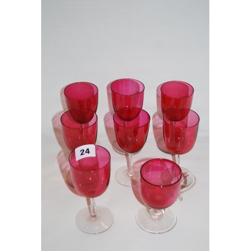 24 - SEVEN 19TH CENTURY CRANBERRY GLASS WINES & CUSTARD CUP