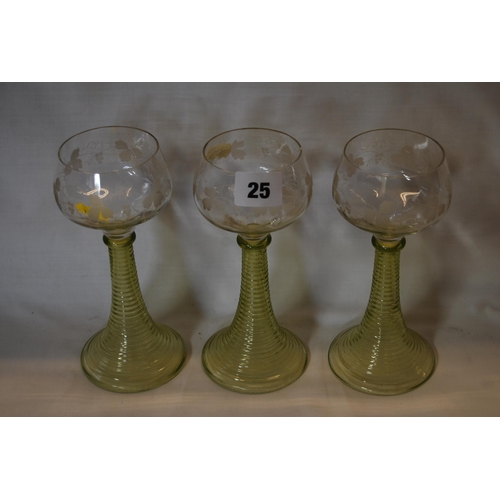 25 - 3 VENETIAN GLASS WINES ENGRAVED VINES ON GREEN TINTED & RIBBED TRUMPET SHAPED BASES