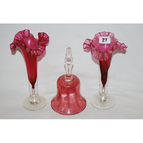 27 - PAIR OF 19TH CENTURY CRANBERRY GLASS TRUMPET SHAPED VASES ON CLEAR CIRCULAR FEET & 19TH CENTURY CRAN... 