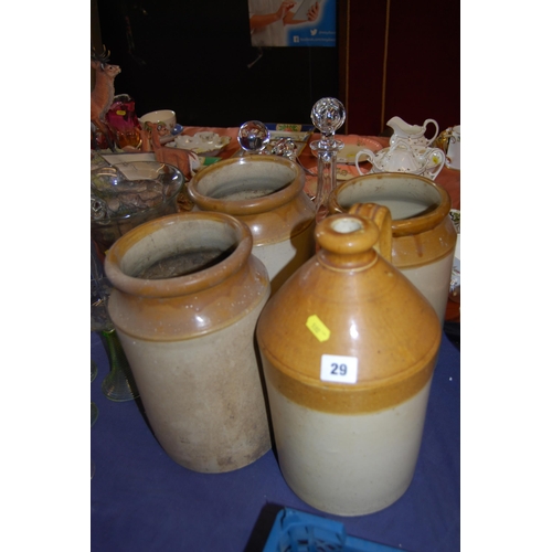 29 - THREE VINTAGE 2 TONE STONEWARE JARS & 1 BOTTLE