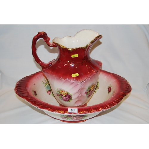 31 - VICTORIAN RUBY GROUND & ROSE PATTERN TOILET JUG & VASE