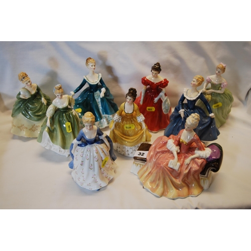 32 - 9 ROYAL DOULTON BONE CHINA FIGURINES, REVERIE, ALISON, FRAGRANCE, CORALIE, FAIR LADY, CLARISSA, WINS... 