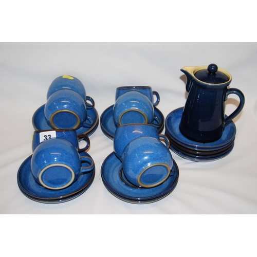 33 - SET OF 8 BLUE STONEWARE COFFEE CUPS, 13 SAUCERS & DENBY HOT WATER JUG